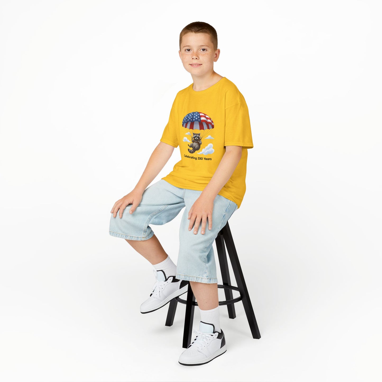 Kids T-Shirt — Patriotic Raccoon Parachute “Celebrating 250 Years”