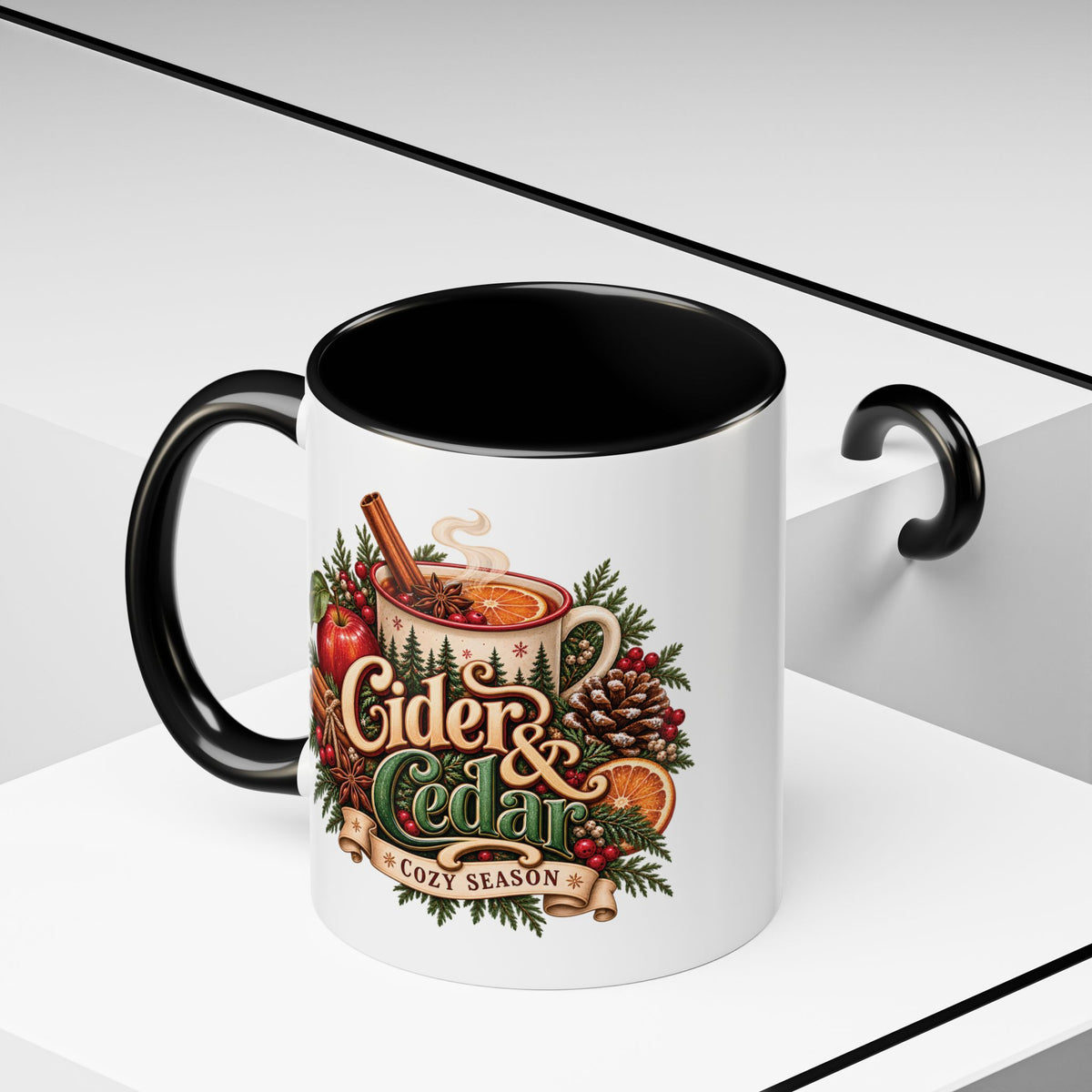 Cider & Cedar Accent Coffee Mug — Cozy Fall Hot Drink Gift (11 oz)
