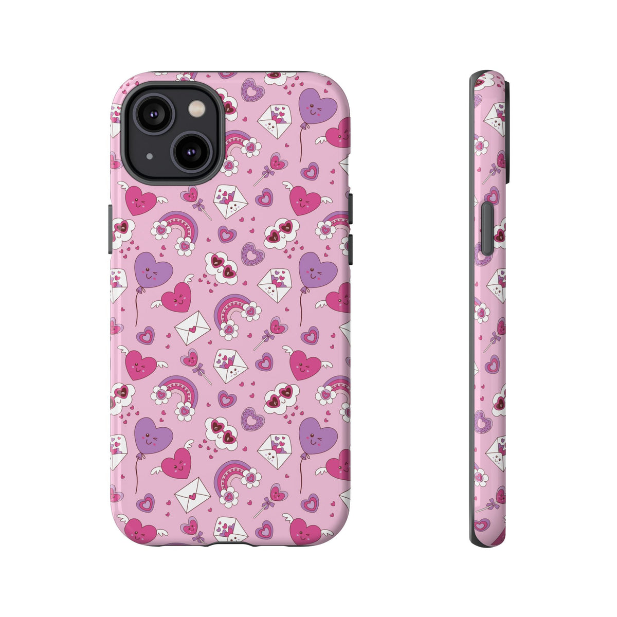 Pink Valentine Phone Case – Cute Hearts, Envelopes & Rainbows Protective Cover
