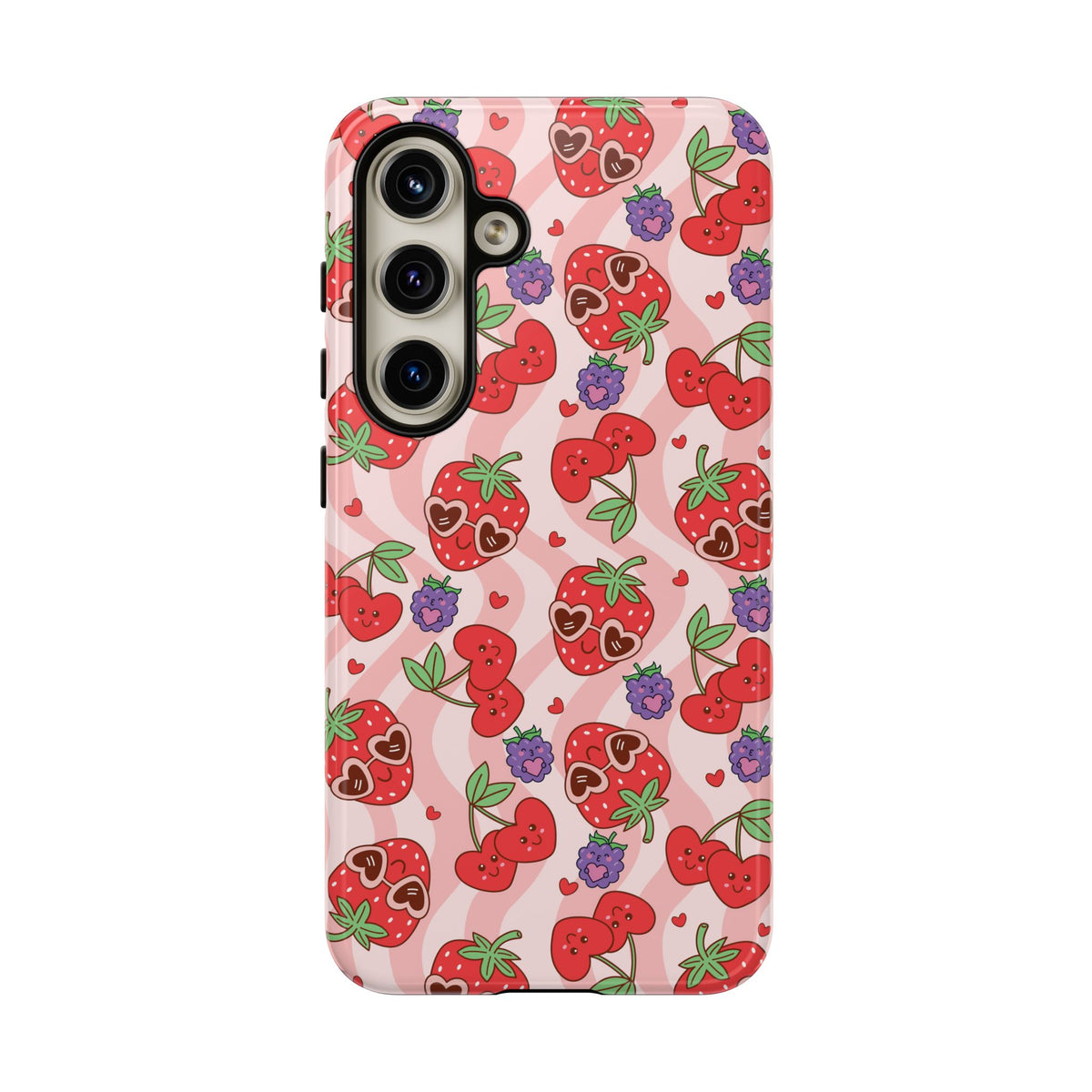 Cute Kawaii Strawberry & Cherry Phone Case — Pink Fruit Pattern Protective Case