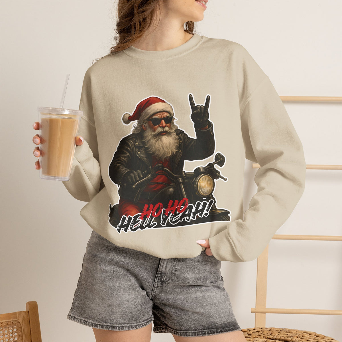 Santa Biker Crewneck Sweatshirt – 'Ho Ho Hell Yeah' Christmas Motorcycle Pullover