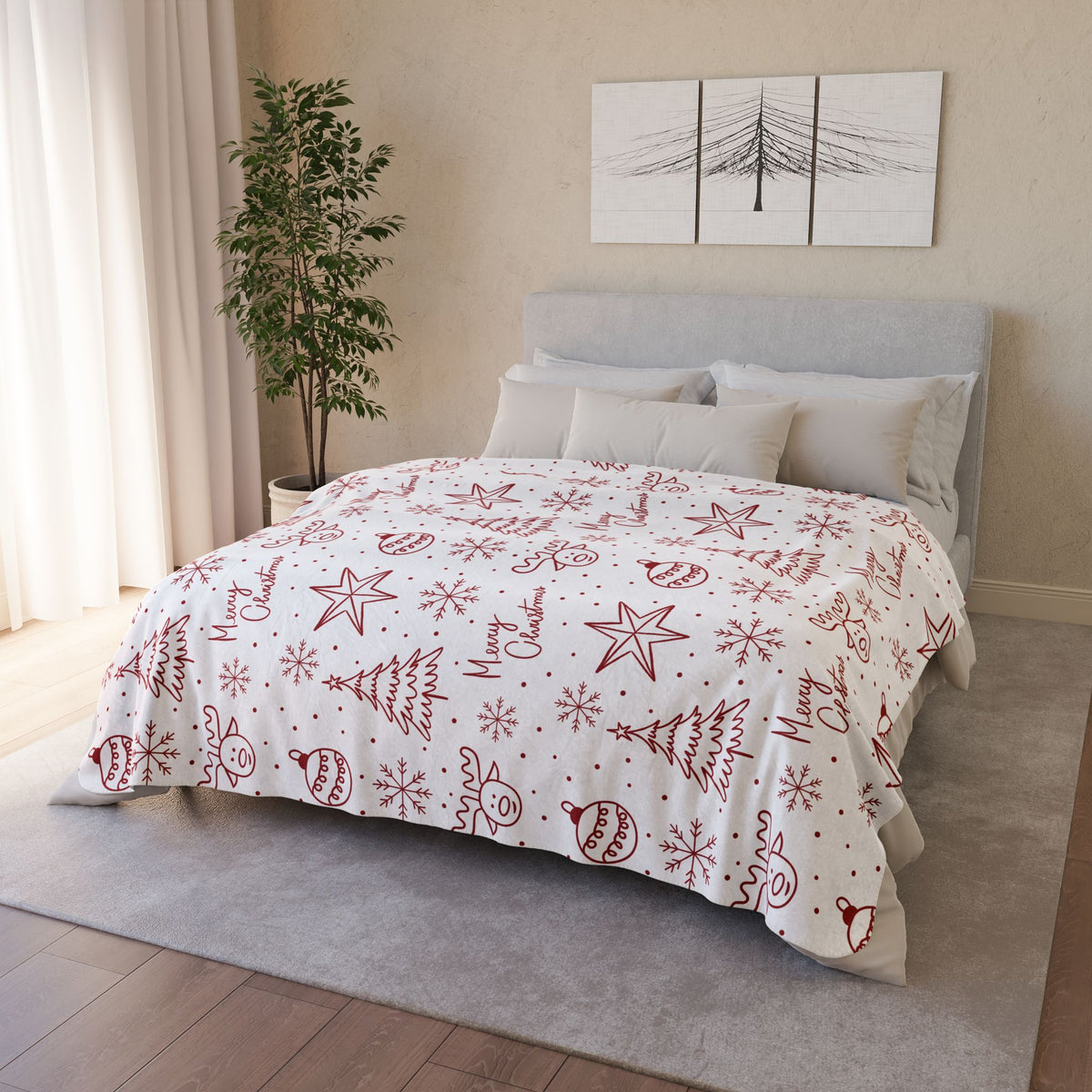 Christmas Fleece Sherpa Blanket - Red Doodle Trees, Reindeer & "Merry Christmas" Pattern