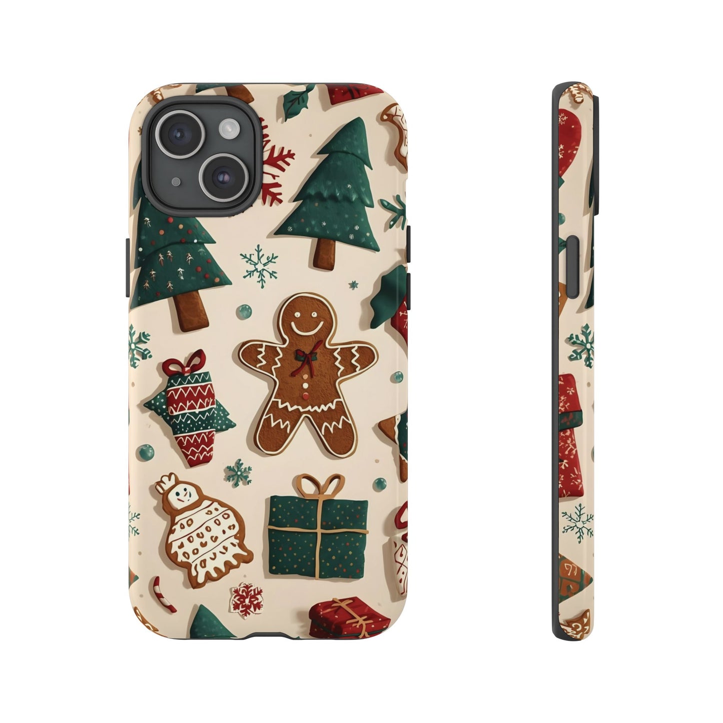 Christmas Phone Case with Gingerbread and Christmas Tree Design, Dual Layer Case for Iphone 17, 16, 15, 14, 13, 12, 11 & Samsung