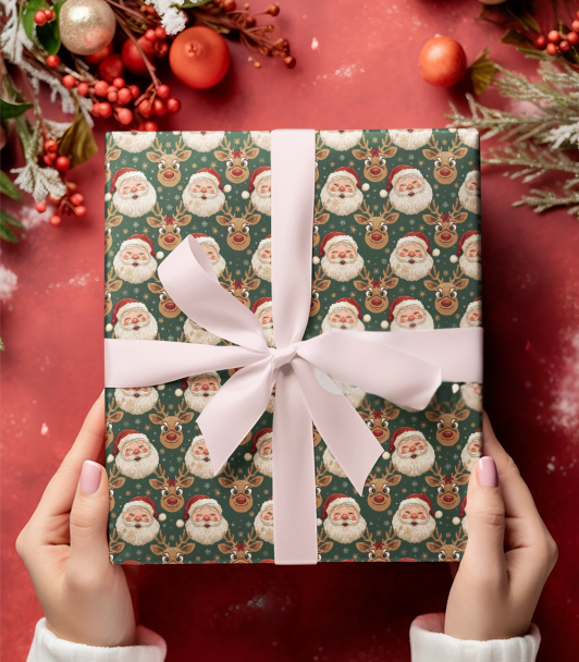 Christmas Gift Wrapping Papers, Holiday Elegant Gift Wrap, Luxury Paper for Gifts, Santa and Reindeer Design