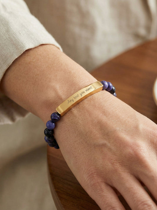 Engravable Natural Stone Bead Stretch Bracelet — Personalized Bar Bracelet for Mother's Day | Valentine's Day
