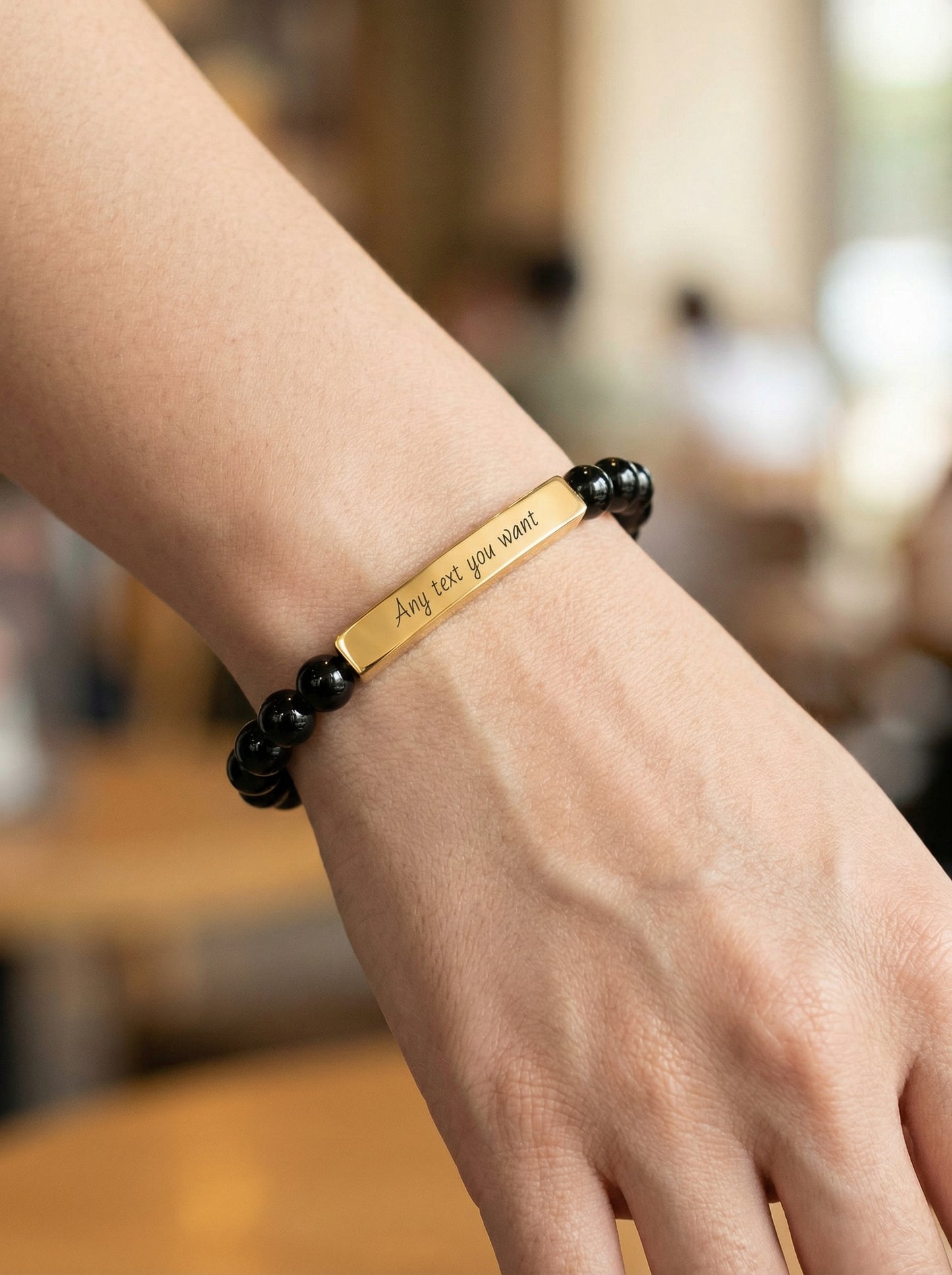 Engravable Natural Stone Bead Stretch Bracelet — Personalized Bar Bracelet for Mother's Day | Valentine's Day