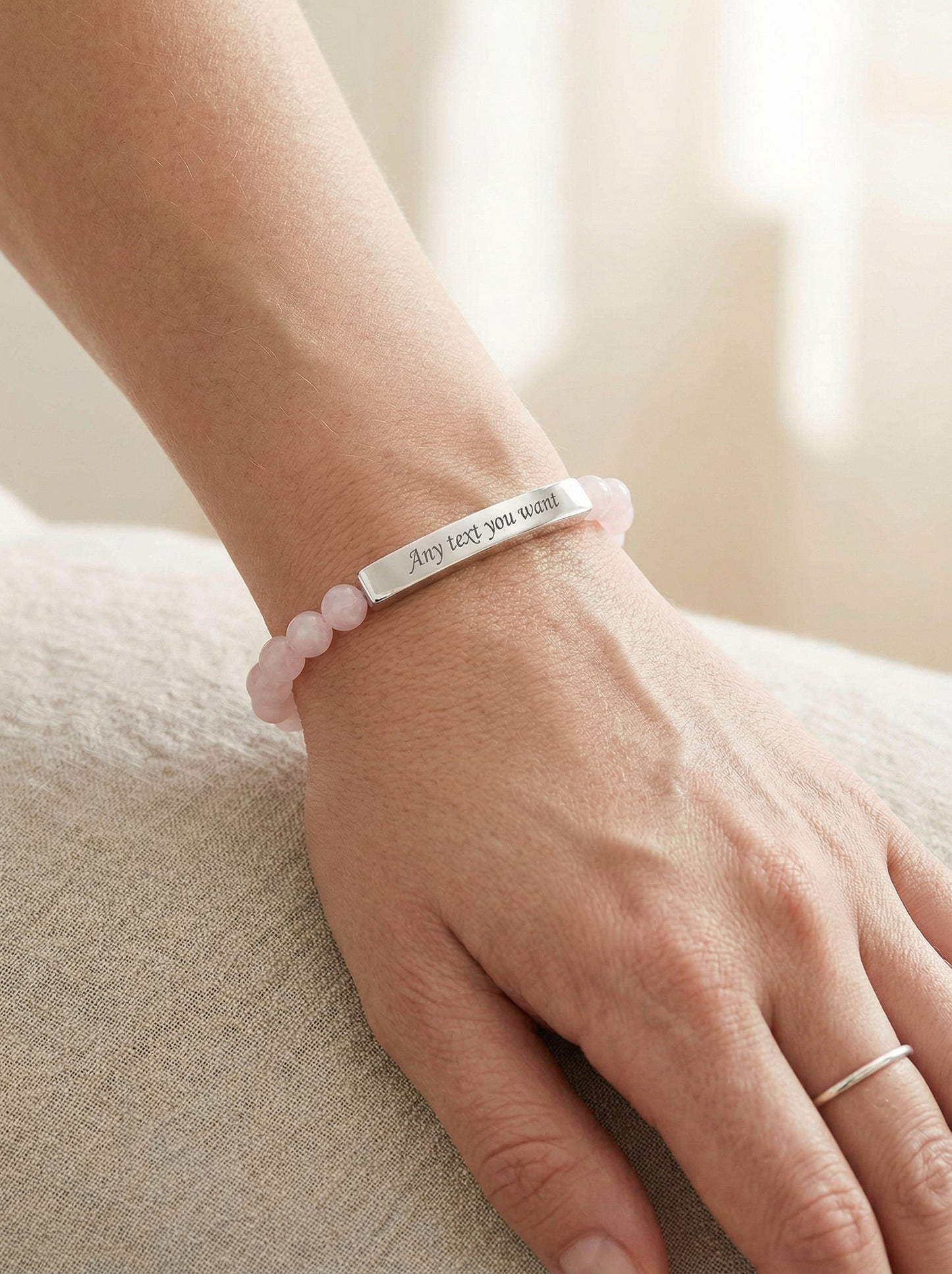 Engravable Natural Stone Bead Stretch Bracelet — Personalized Bar Bracelet for Mother's Day | Valentine's Day