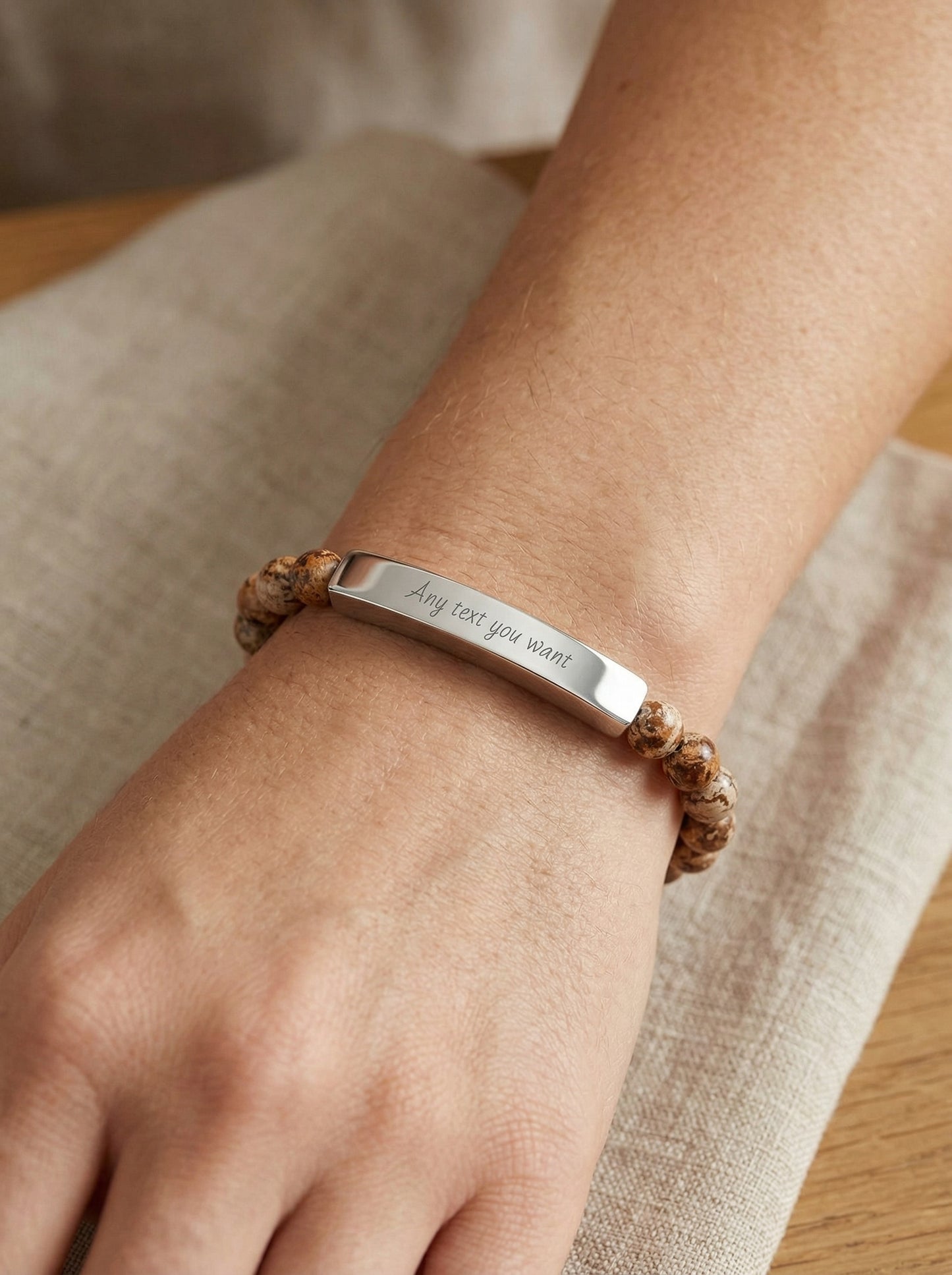 Engravable Natural Stone Bead Stretch Bracelet — Personalized Bar Bracelet for Mother's Day | Valentine's Day