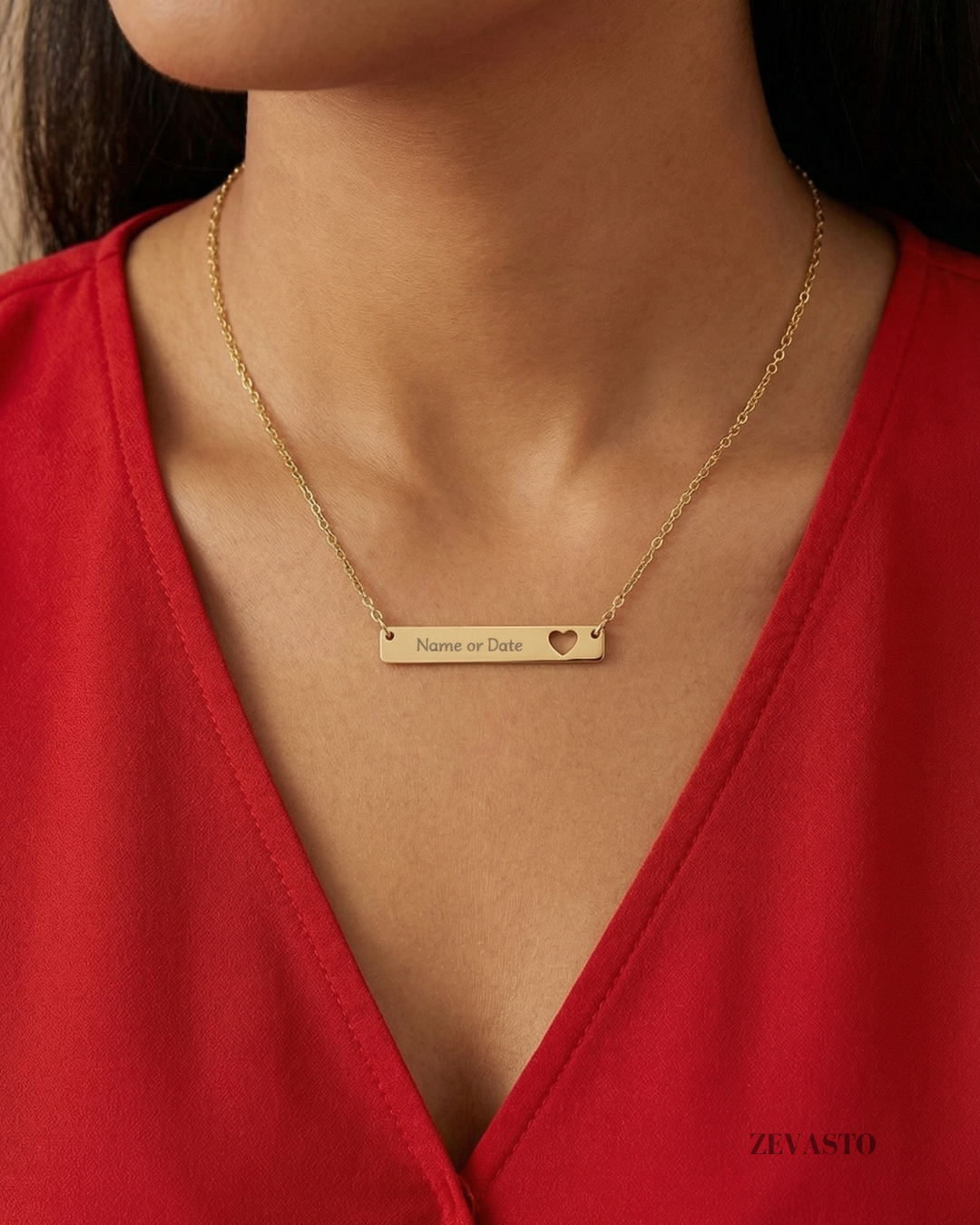 Engravable Cutout Heart Bar Necklace — Personalized Name or Date Pendant, Gift For Valentines Day | Mothers Day