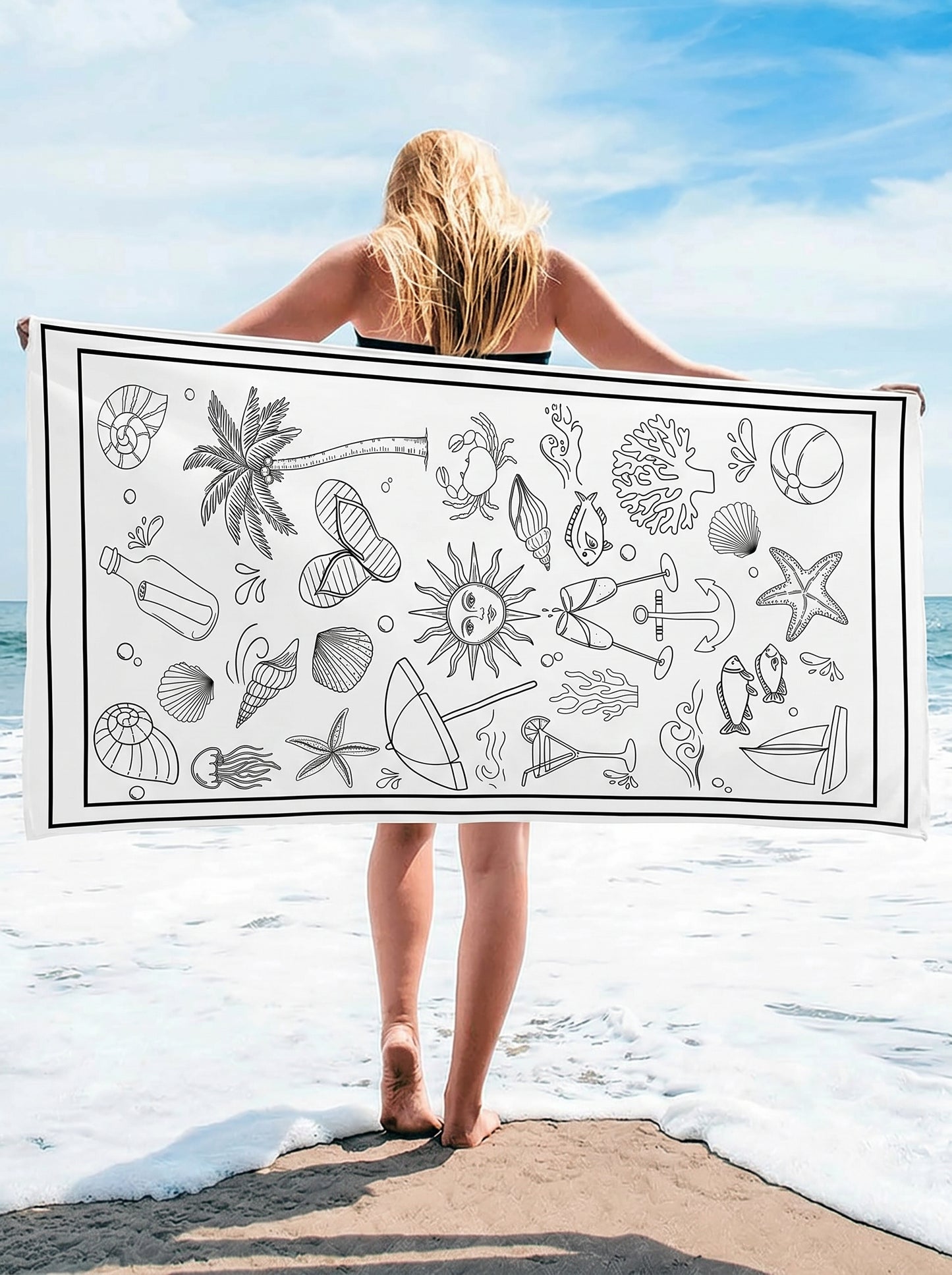 Tropical Vacation Beach Towel - Seashell & Palm Design