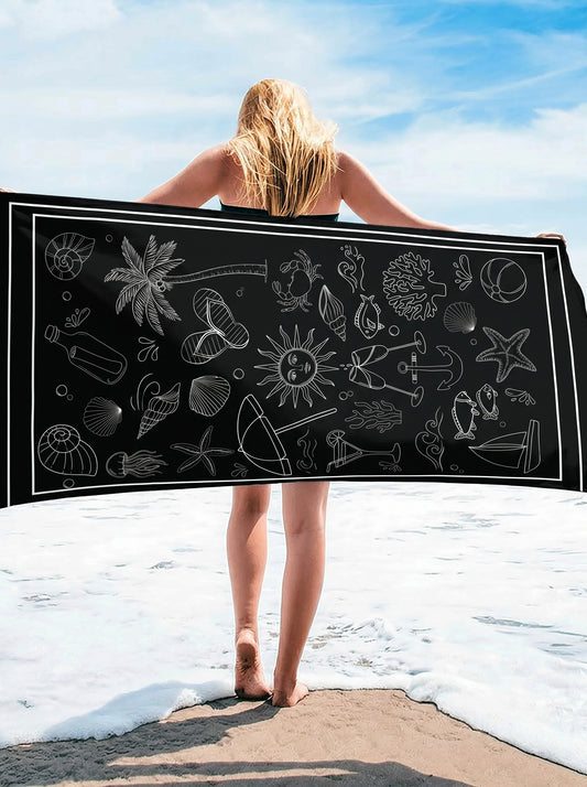 Chalkboard Seashells Beach Towel — Black Nautical Sketch Design
