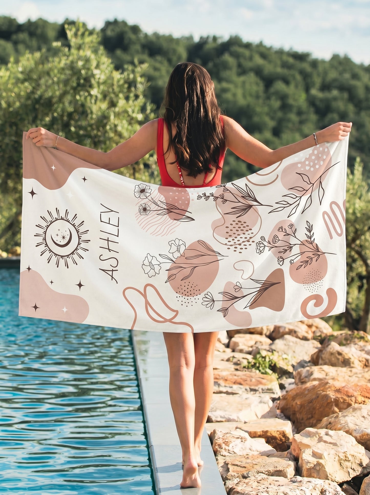 Personalized Boho Floral Beach Towel — Custom Name 'Ashley'