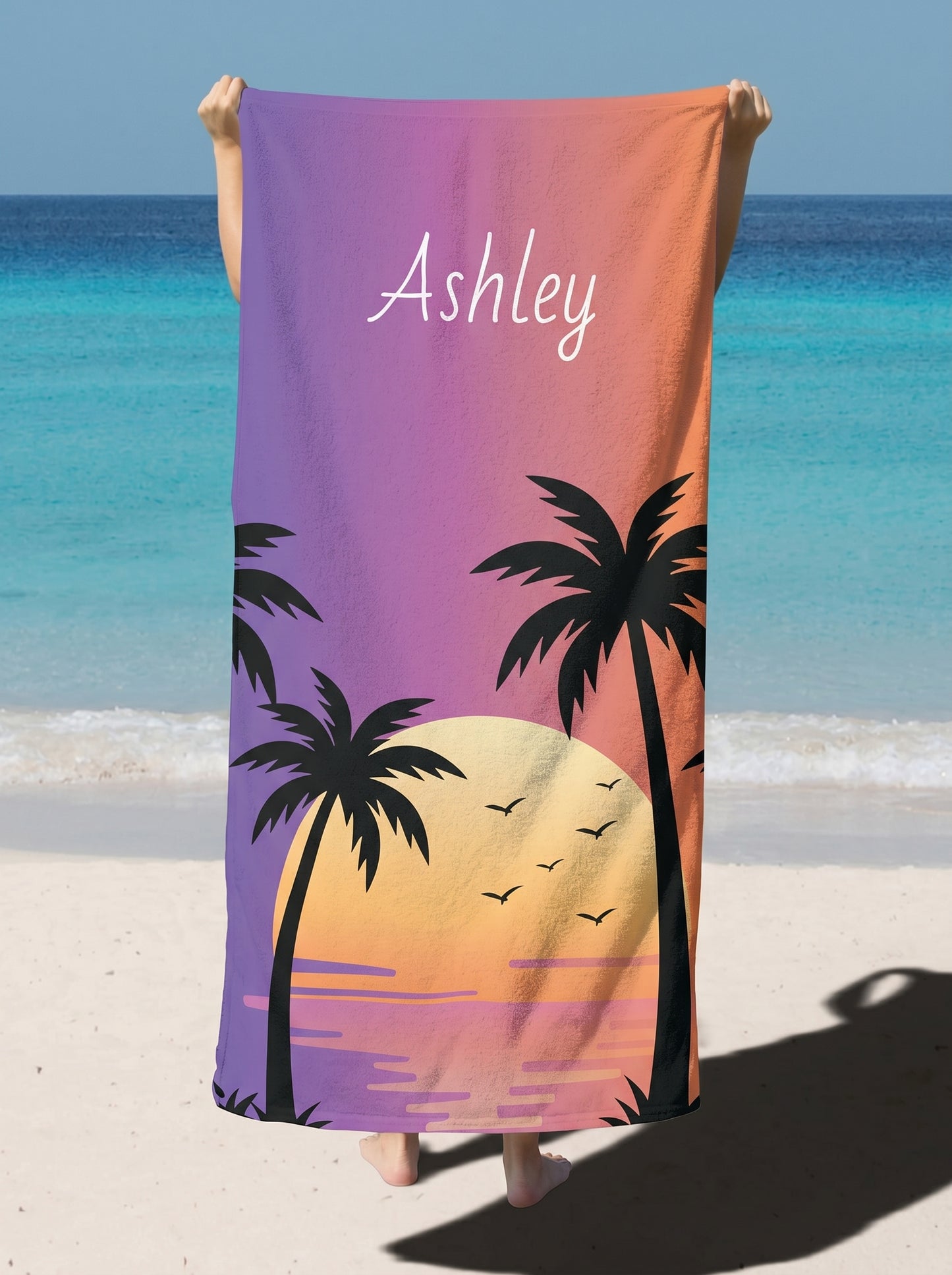 Personalized Sunset Palm Beach Towel — Custom Name Beach Towel