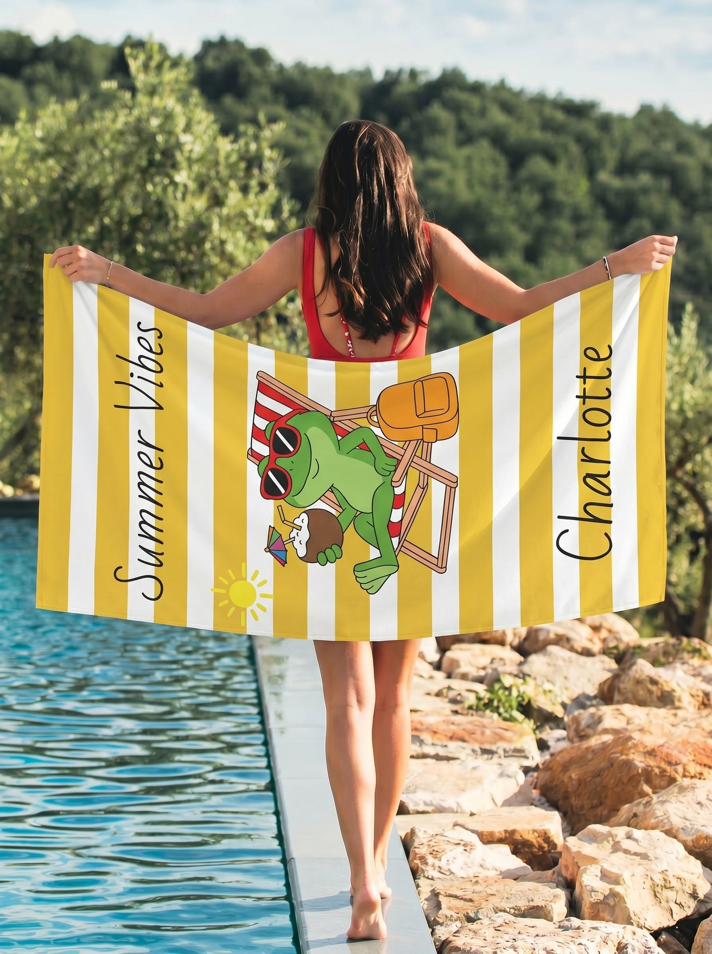 Personalized 'Summer Vibes' Frog Beach Towel — Custom Name Yellow Stripe