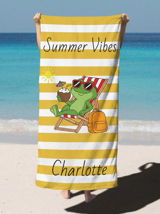 Personalized 'Summer Vibes' Frog Beach Towel — Custom Name Yellow Stripe