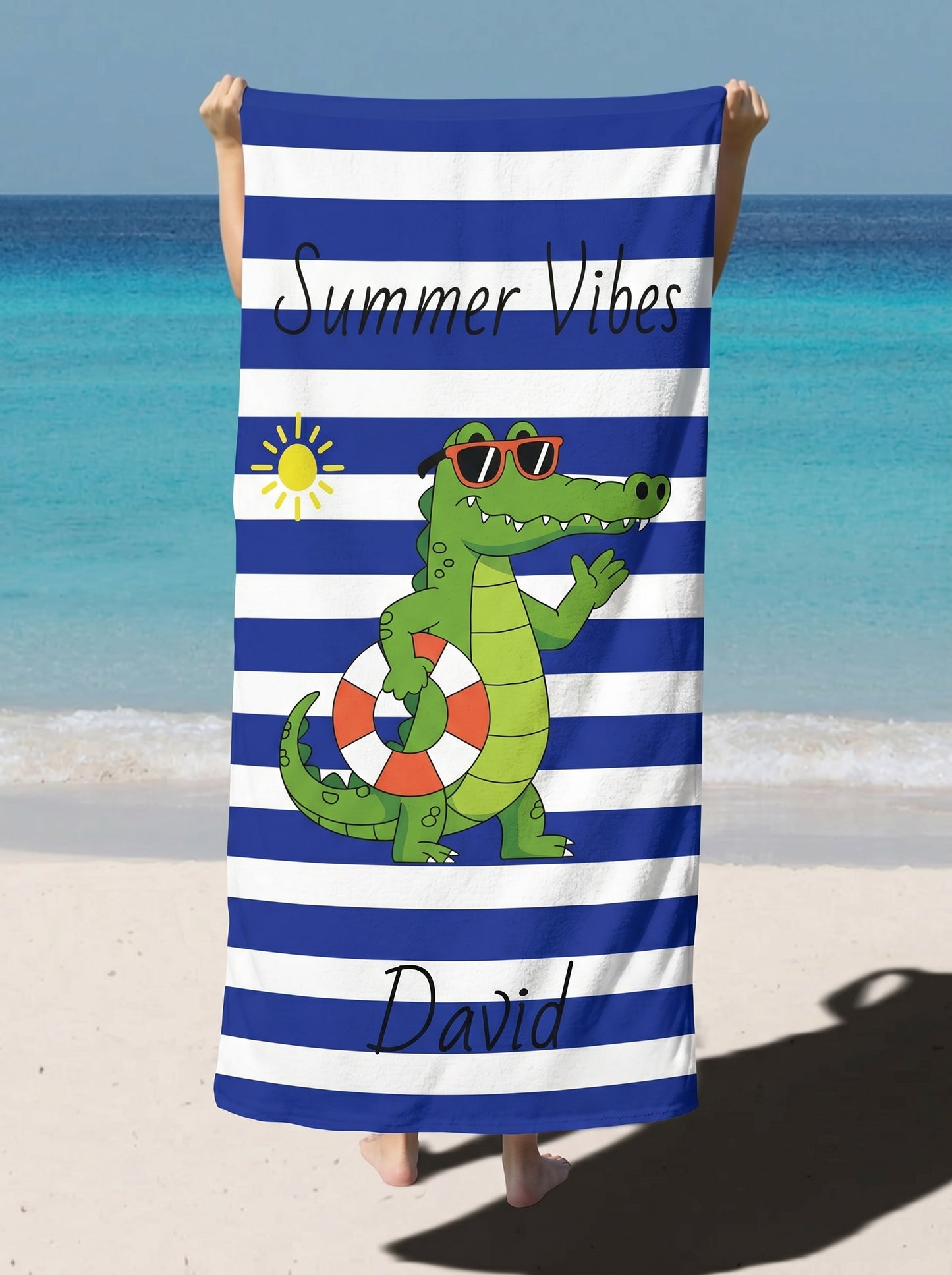 Personalized Alligator Beach Towel – 'Summer Vibes' Striped Towel with Name