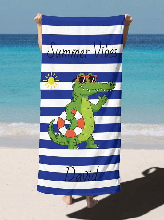 Personalized Alligator Beach Towel – 'Summer Vibes' Striped Towel with Name