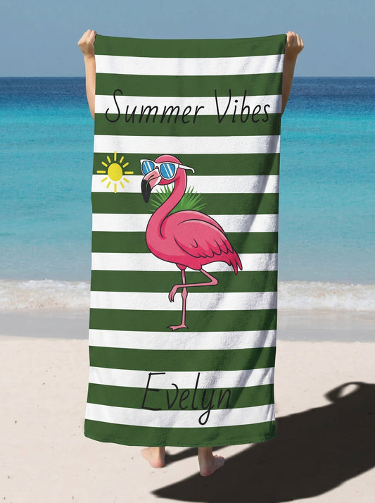 Personalized 'Summer Vibes' Flamingo Beach Towel