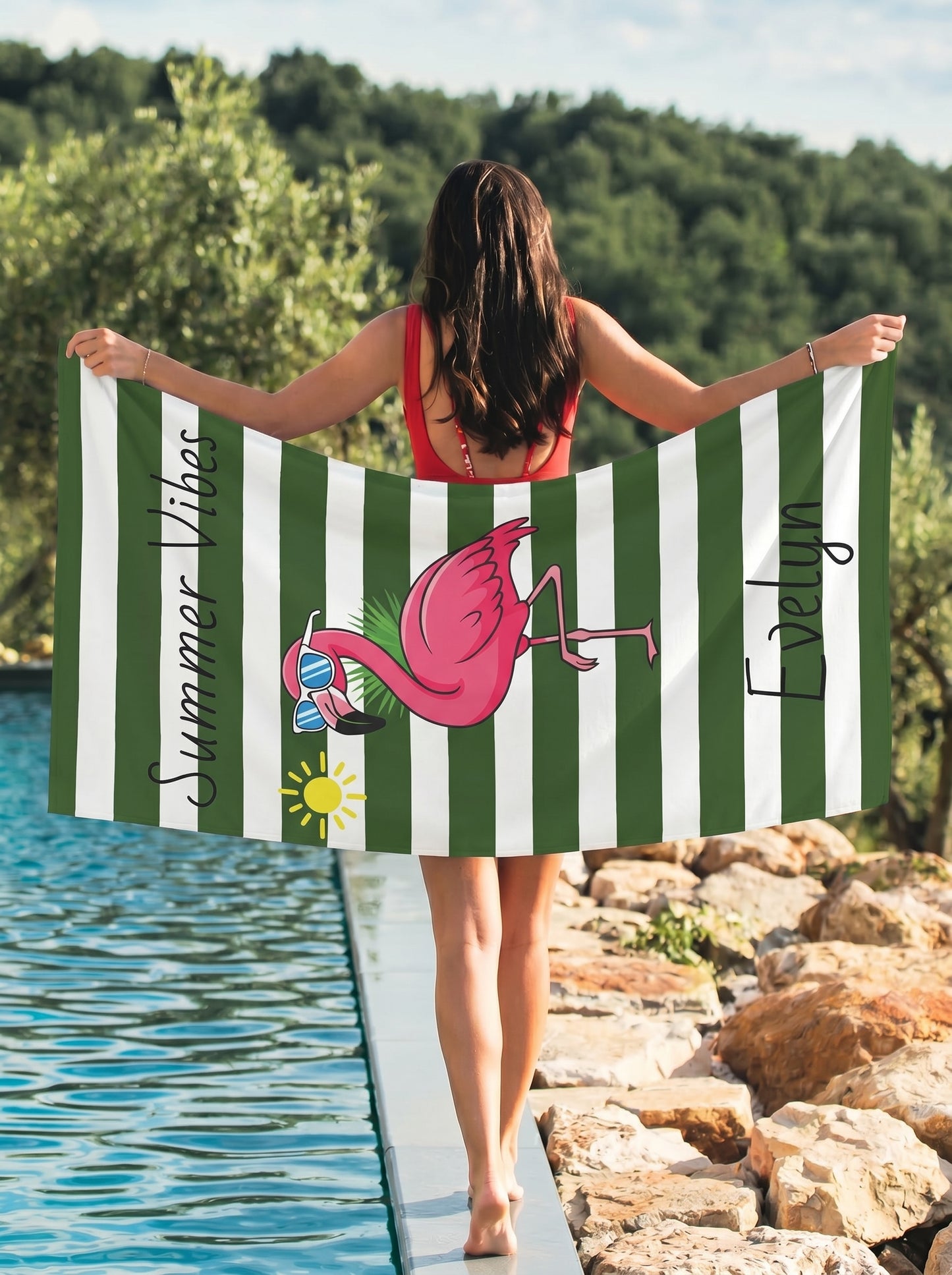 Personalized 'Summer Vibes' Flamingo Beach Towel