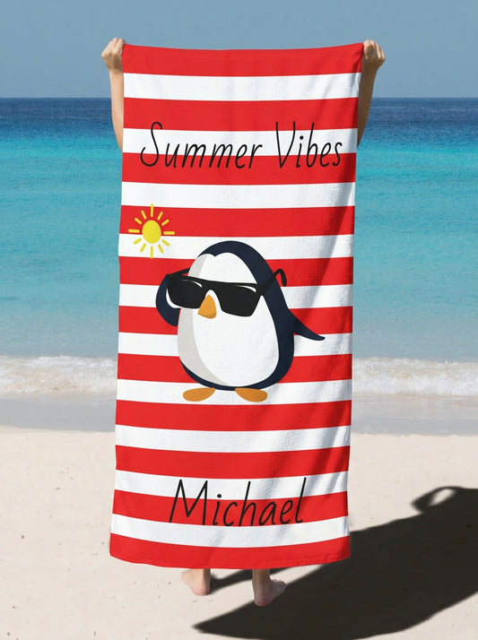 Personalized 'Summer Vibes' Penguin Beach Towel