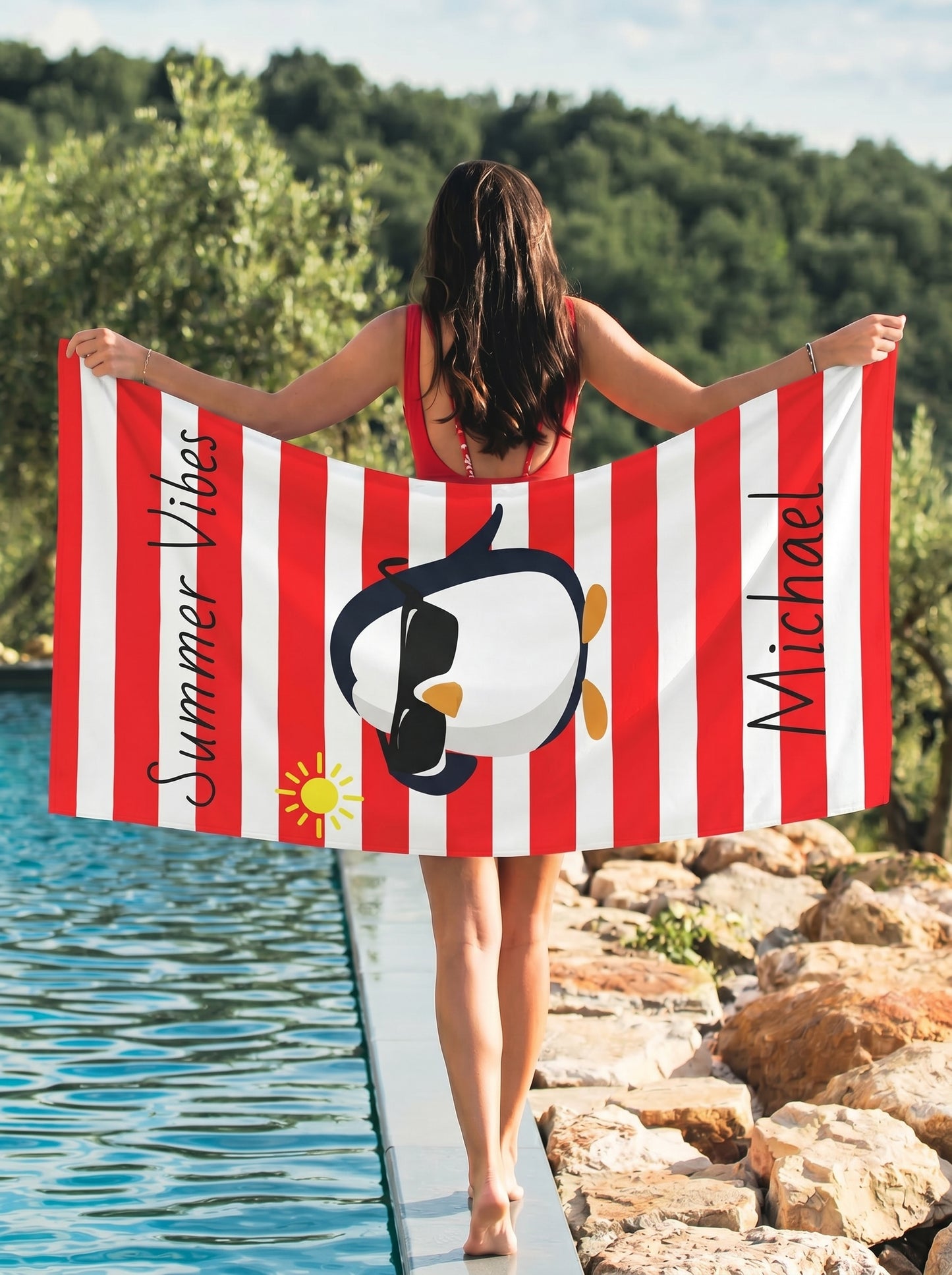 Personalized 'Summer Vibes' Penguin Beach Towel