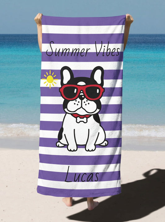 Personalized "Summer Vibes" Purple Striped Beach Towel with Sunglasses French Bulldog