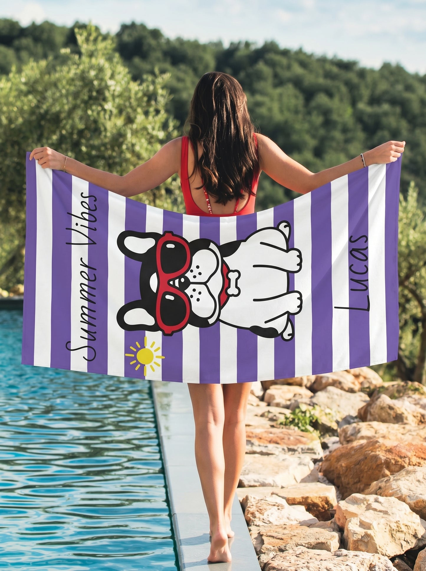 Personalized "Summer Vibes" Purple Striped Beach Towel with Sunglasses French Bulldog