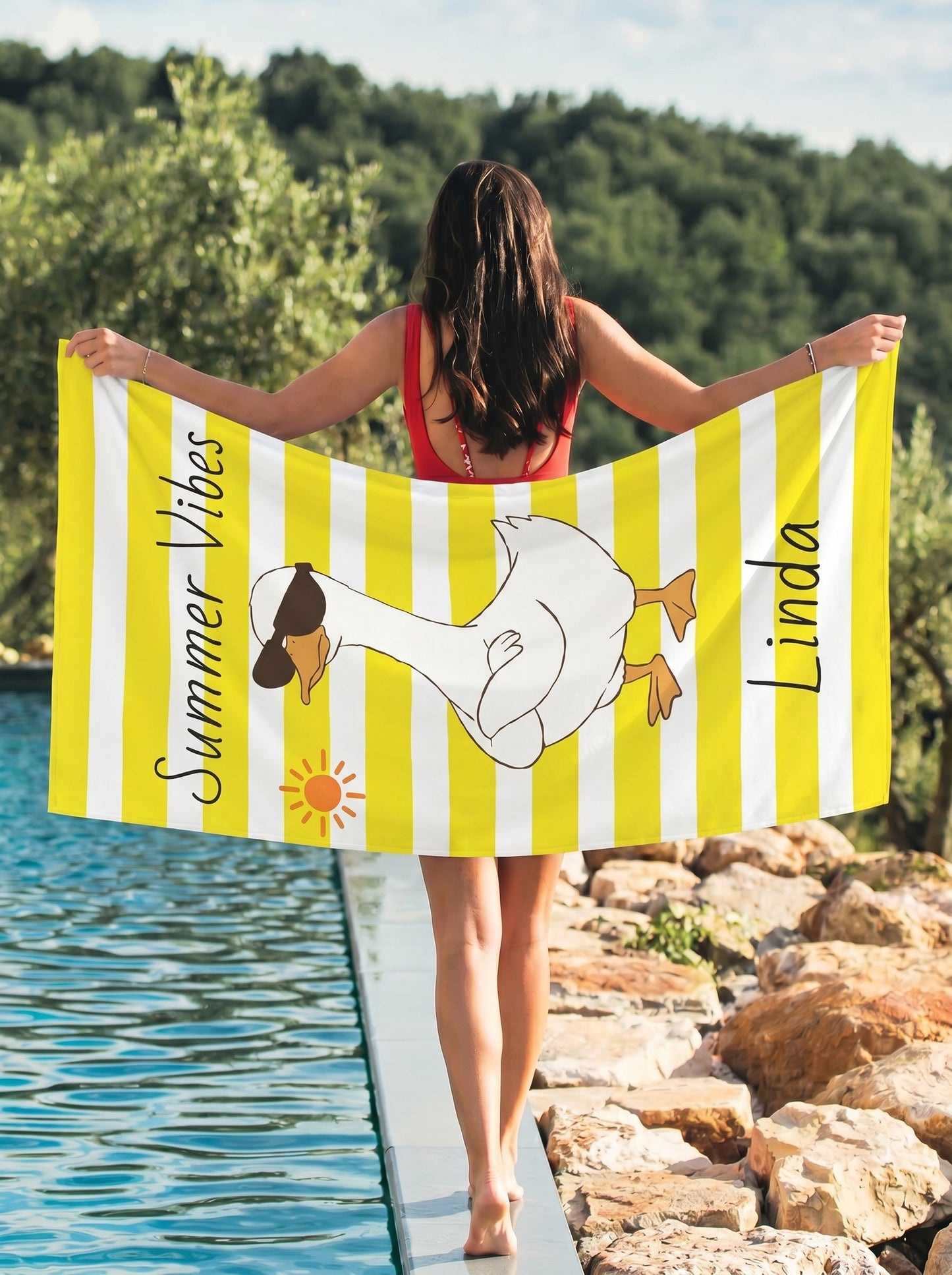 Personalized 'Summer Vibes' Yellow Stripe Beach Towel - Custom Name Towel