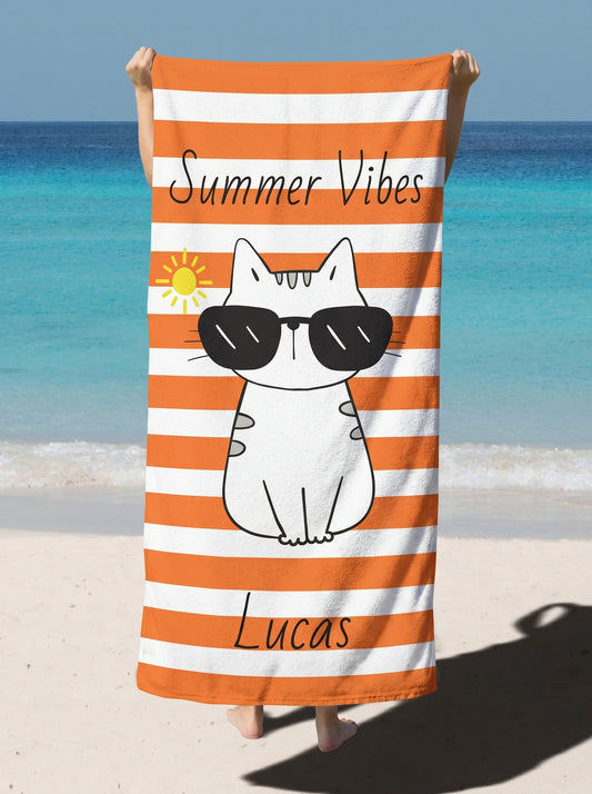 Personalized "Summer Vibes" Cat Beach Towel — Custom Name Towel