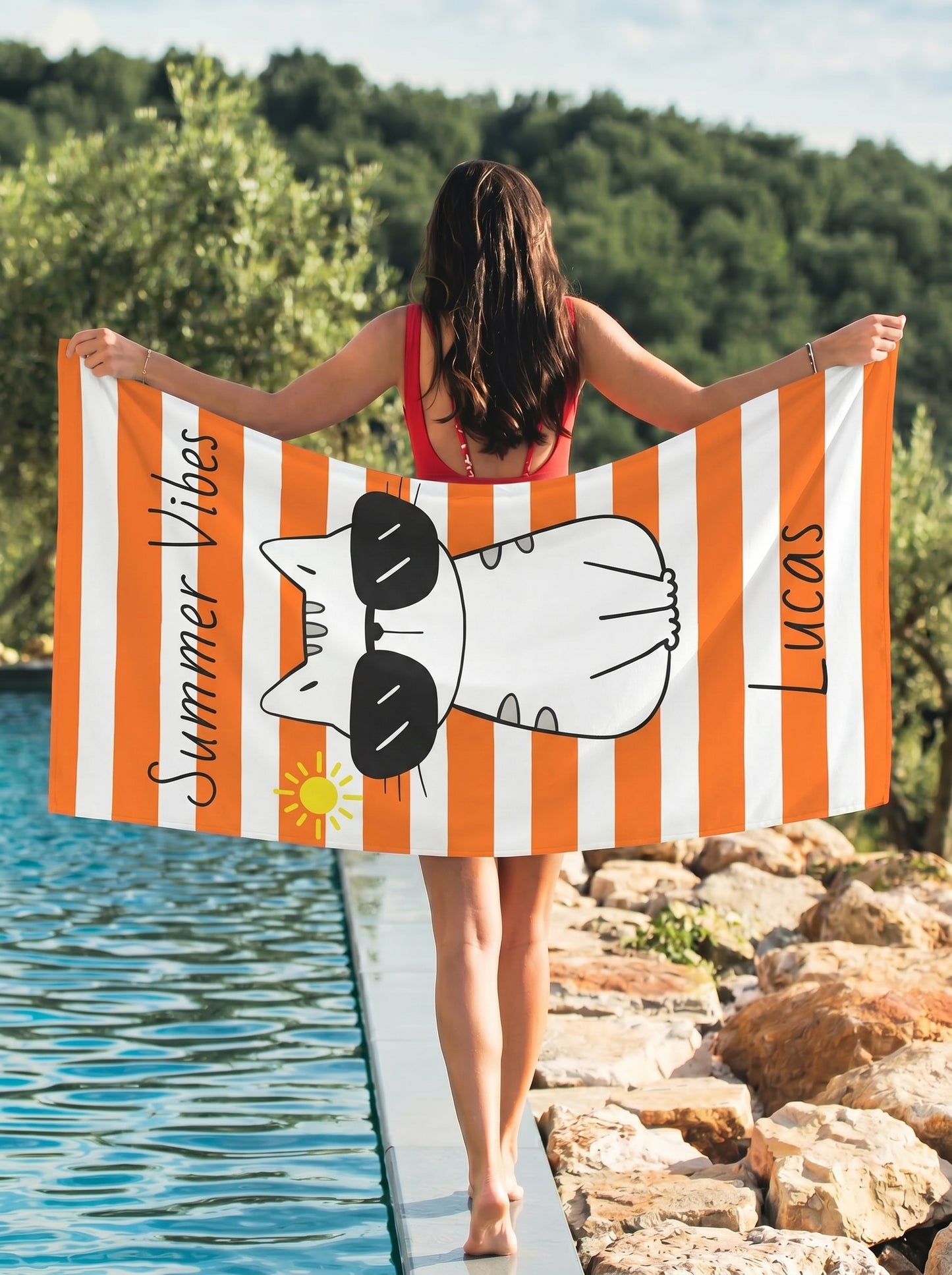Personalized "Summer Vibes" Cat Beach Towel — Custom Name Towel