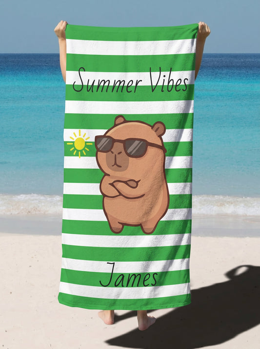 Personalized 'Summer Vibes' Beach Towel with Cool Sunglasses Capybara - Custom Name Towel