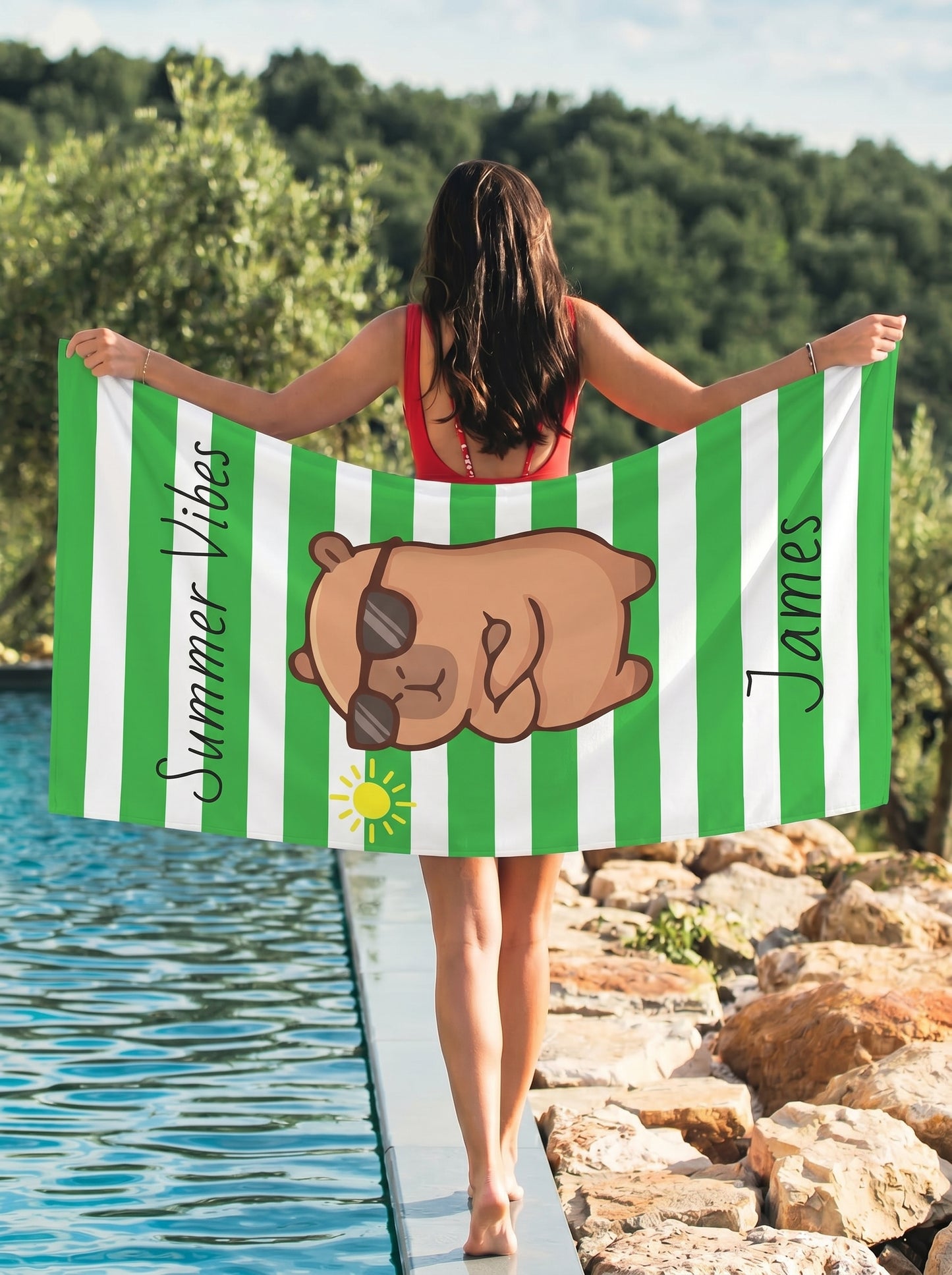 Personalized 'Summer Vibes' Beach Towel with Cool Sunglasses Capybara - Custom Name Towel