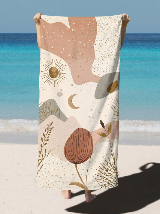 Boho Abstract Coastal Beach Towel – Neutral Sun & Moon Pattern