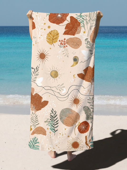 Boho Coastal Sun & Leaves Beach Towel