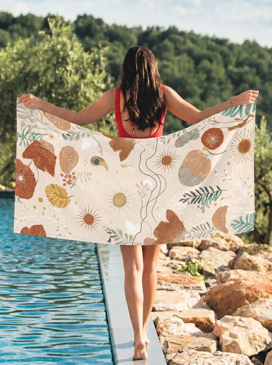 Boho Coastal Sun & Leaves Beach Towel