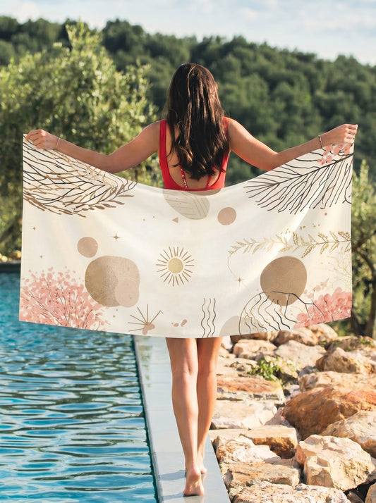 Boho Coral Seas Beach Towel — Abstract Coastal Sun & Seaweed Design