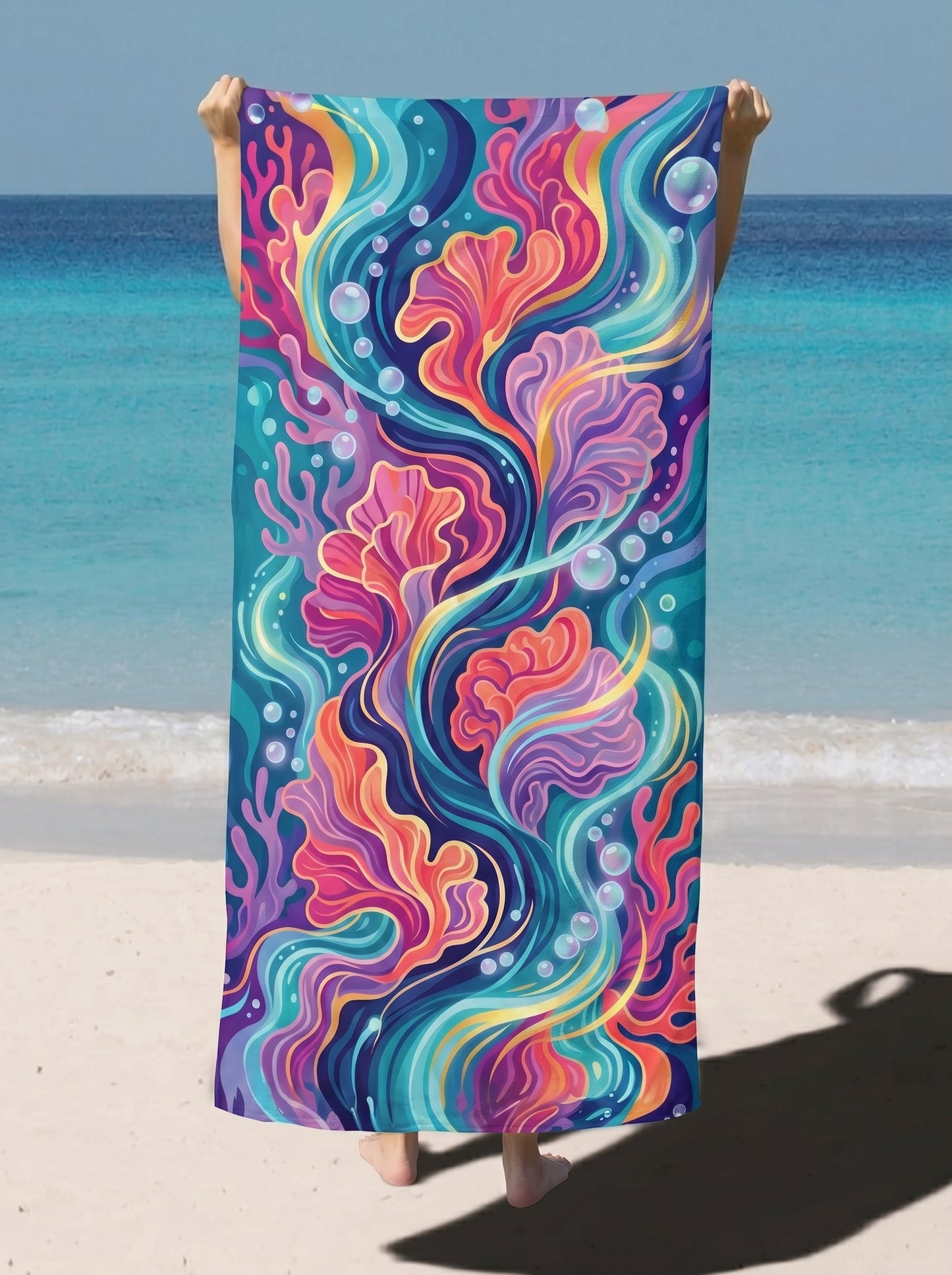 Colorful Ocean Waves Beach Towel — Abstract Jellyfish & Seaweed Design