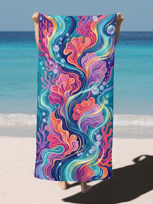Colorful Ocean Waves Beach Towel — Abstract Jellyfish & Seaweed Design