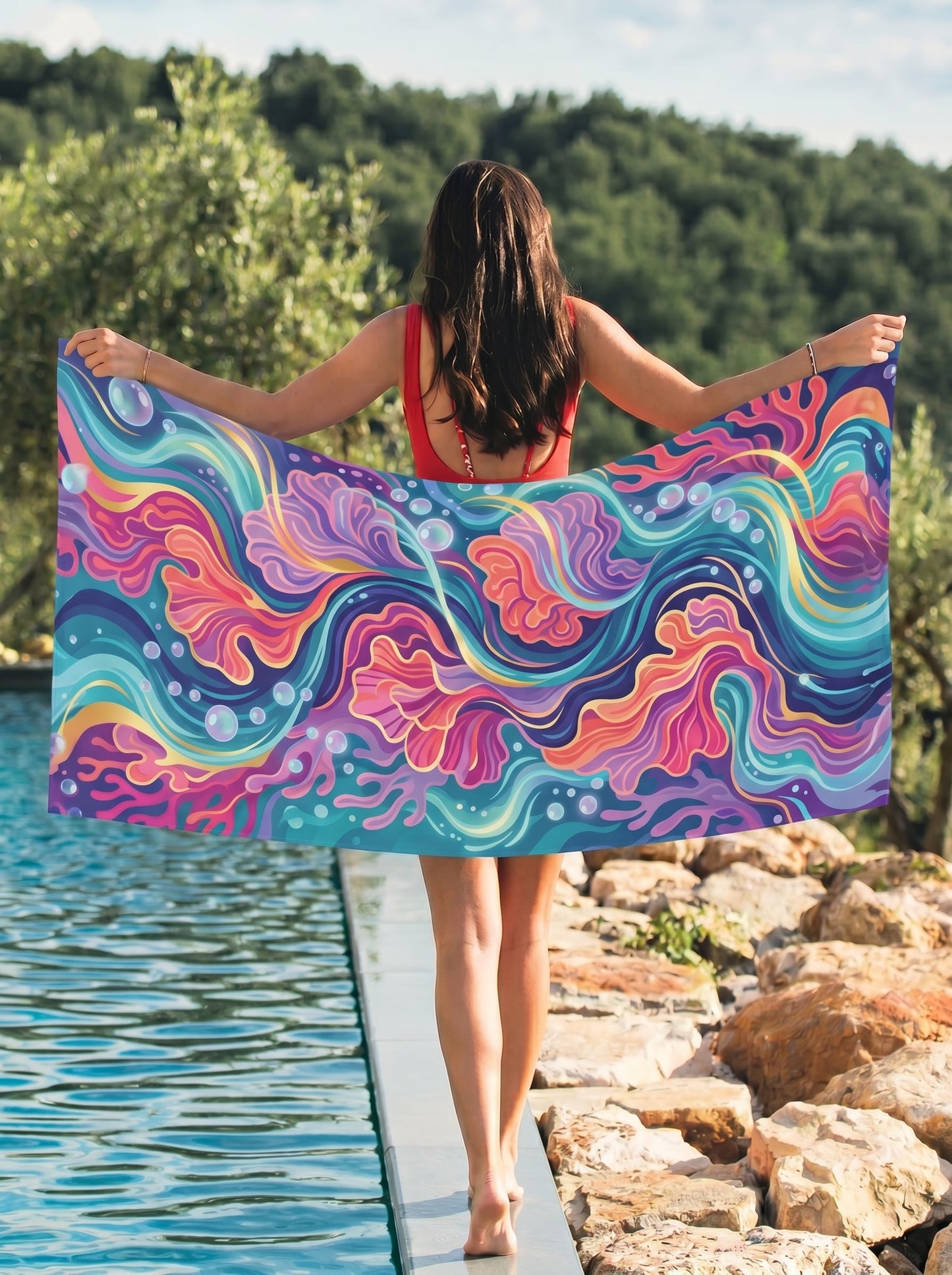 Colorful Ocean Waves Beach Towel — Abstract Jellyfish & Seaweed Design