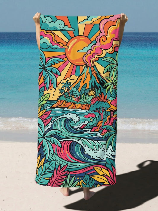 Tropical Surf & Sun Beach Towel – Vibrant Retro Sunset Waves Design