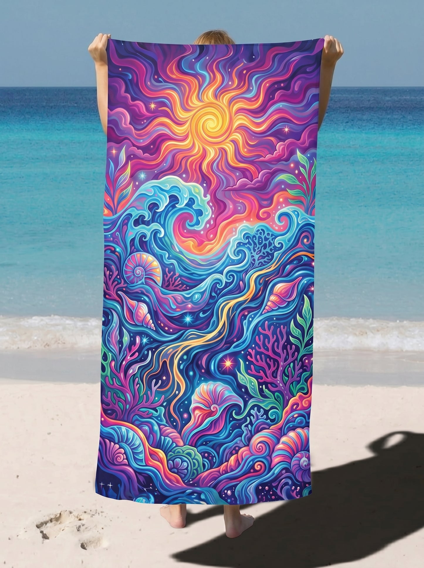 Psychedelic Sun & Sea Beach Towel — Vibrant Ocean Wave Sunset Print