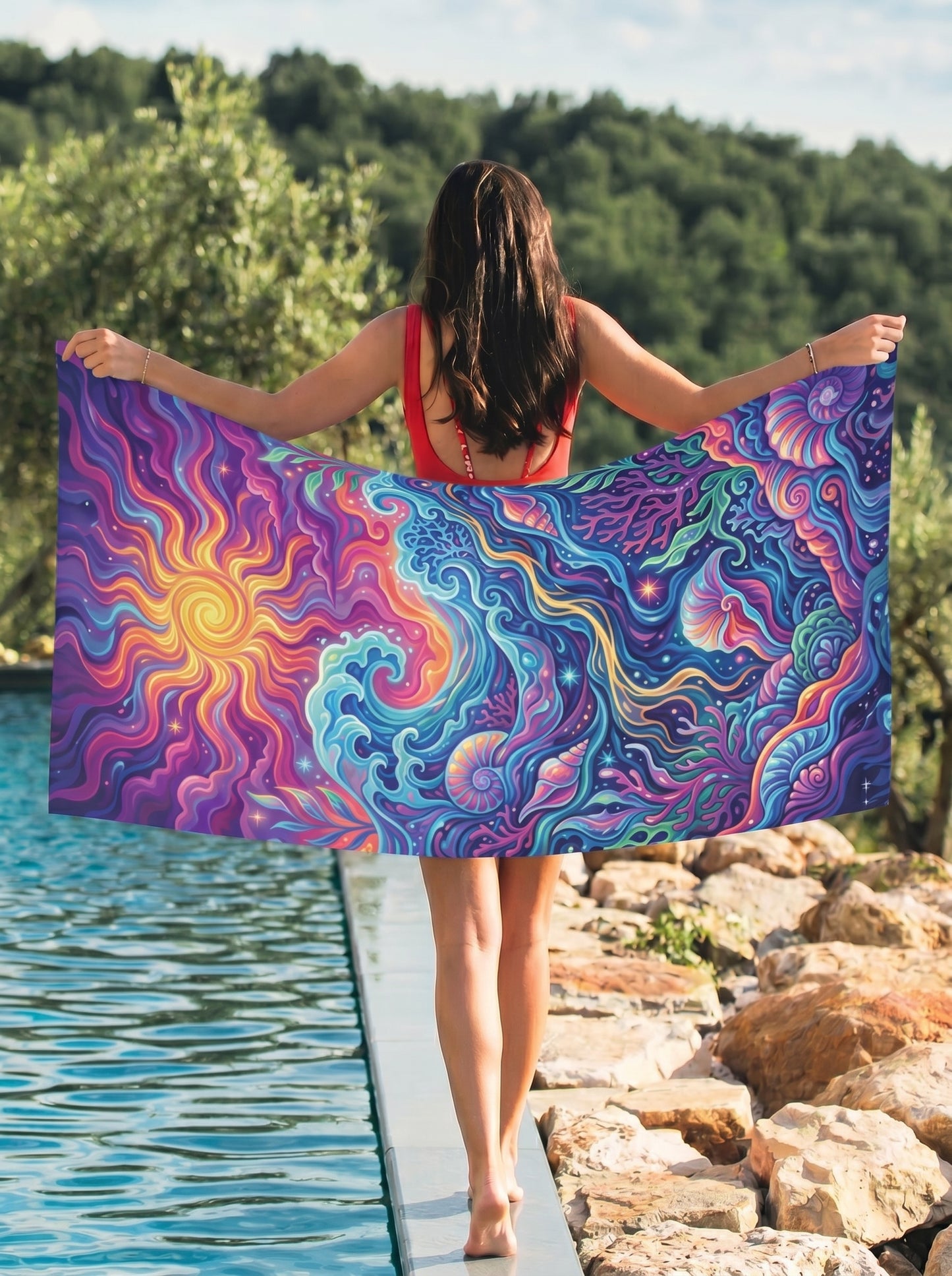 Psychedelic Sun & Sea Beach Towel — Vibrant Ocean Wave Sunset Print