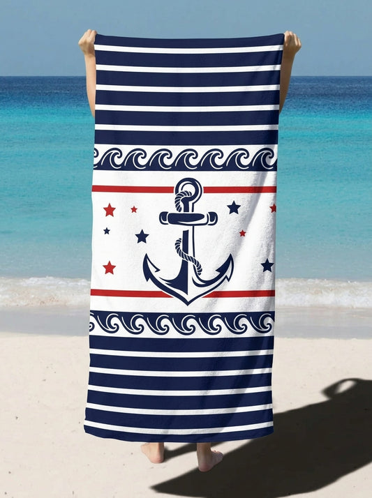 Nautical Anchor Stripe Beach Towel — Red, White & Navy Summer Pool Towel