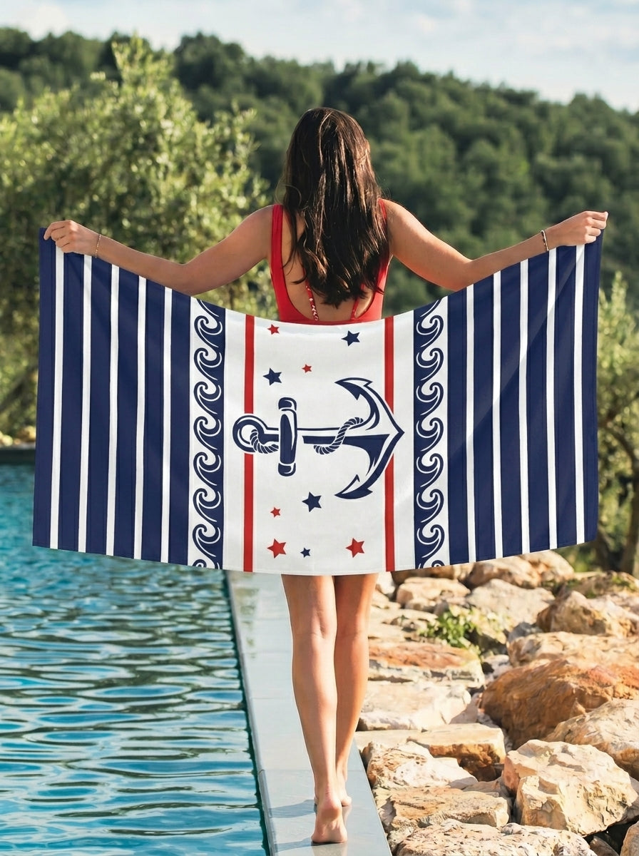 Nautical Anchor Stripe Beach Towel — Red, White & Navy Summer Pool Towel
