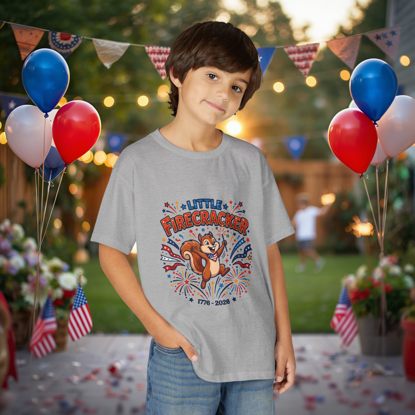 Kids "Little Firecracker" T-Shirt — Patriotic Fireworks Squirrel Tee, 4th of July Gift