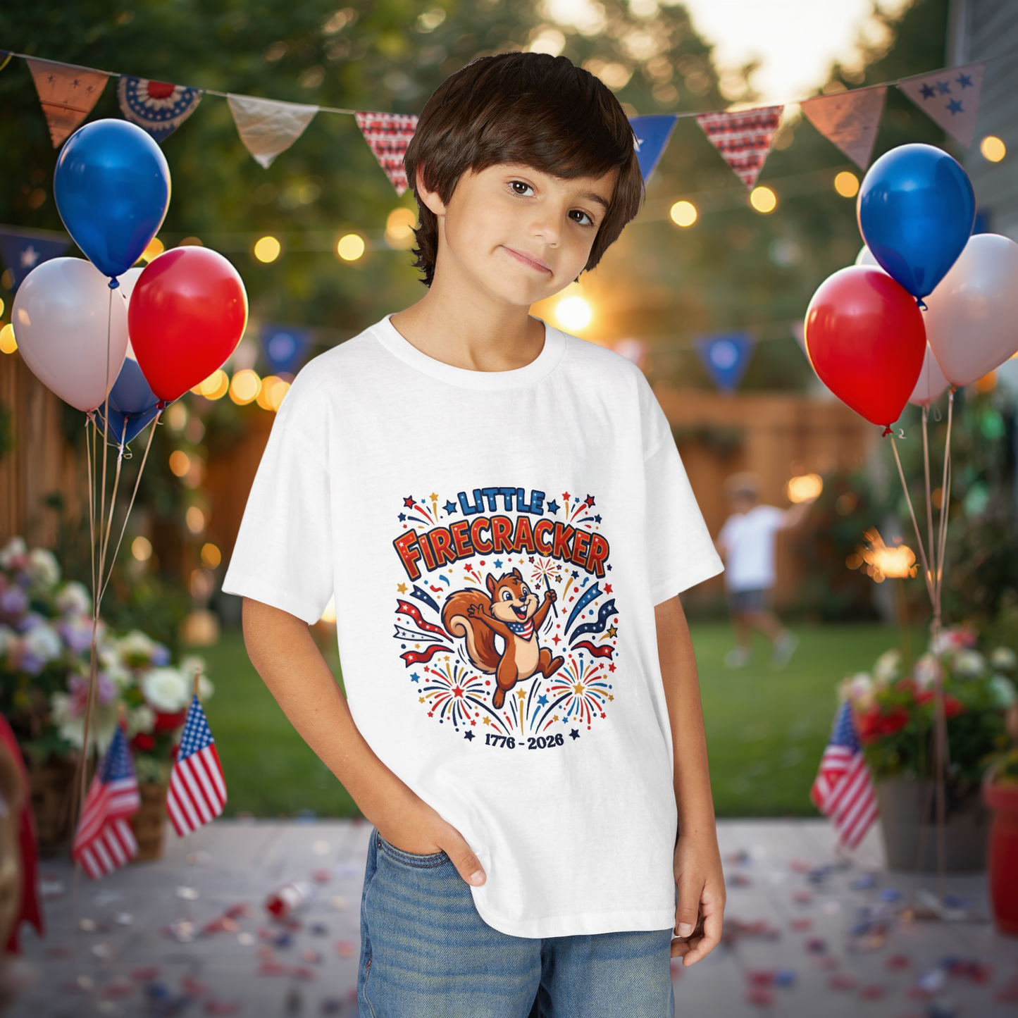 Kids "Little Firecracker" T-Shirt — Patriotic Fireworks Squirrel Tee, 4th of July Gift