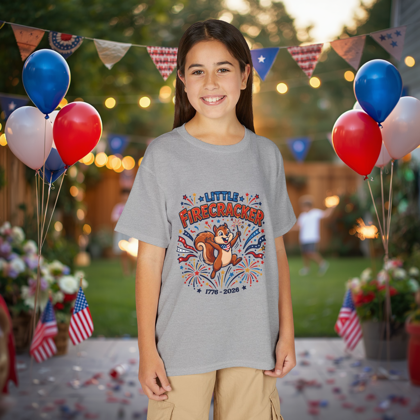 Kids "Little Firecracker" T-Shirt — Patriotic Fireworks Squirrel Tee, 4th of July Gift