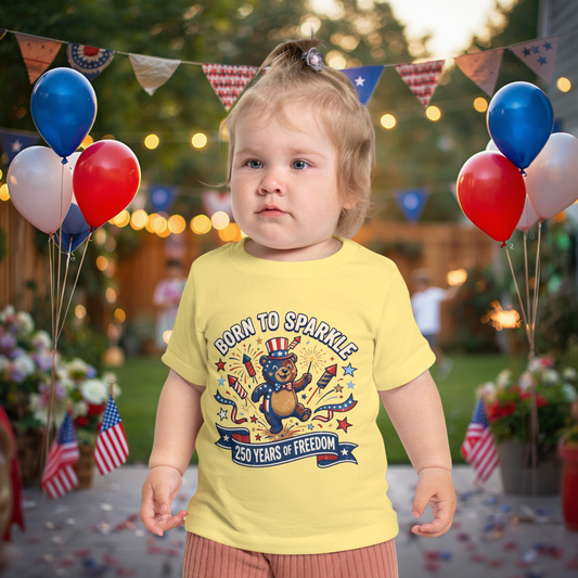 Baby T-Shirt — "Born to Sparkle" 250 Years of Freedom Patriotic Bear Tee, 4th of July Shirt