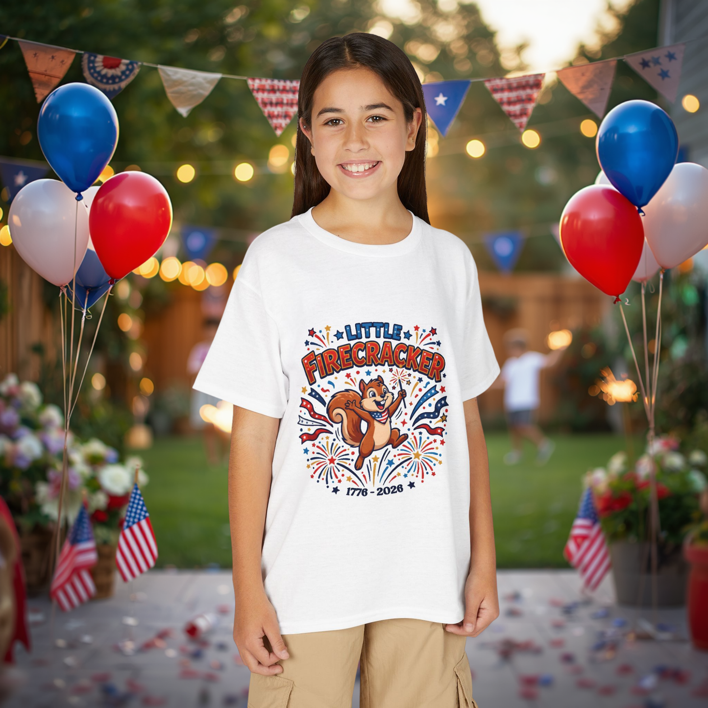Kids "Little Firecracker" T-Shirt — Patriotic Fireworks Squirrel Tee, 4th of July Gift