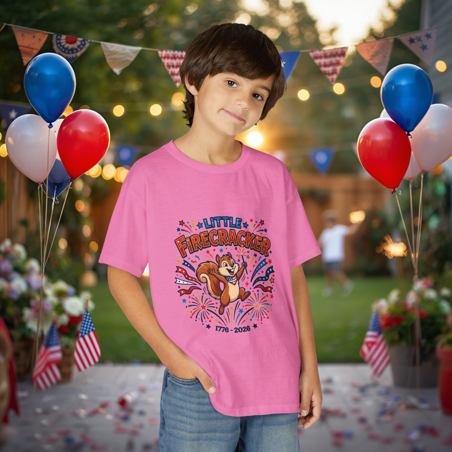 Kids "Little Firecracker" T-Shirt — Patriotic Fireworks Squirrel Tee, 4th of July Gift